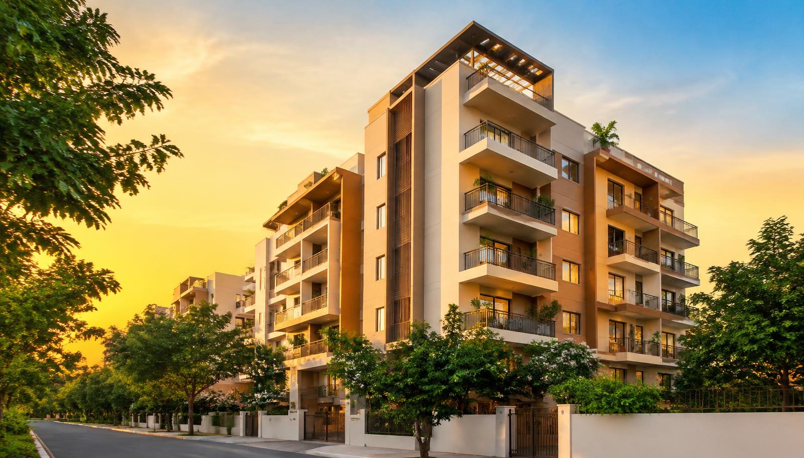 Apartment building at sunset